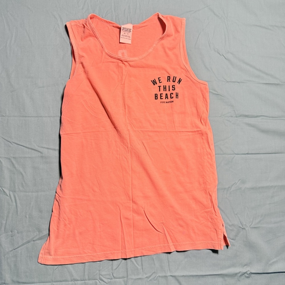 PINK Victoria's Secret Tank Top Medium Neon Coral We Run This Beach Sleeveless